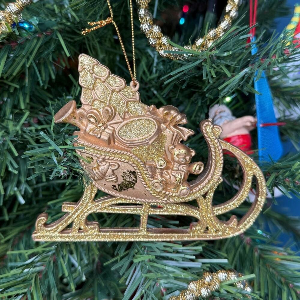 Vintage Ornament Golden Santa's Sleigh Filled With Toys Ornament